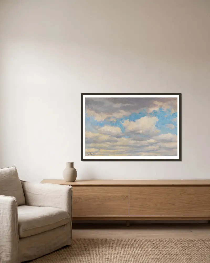 Wolkenstudie von Alfred Zoff gerahmt an einer Wand