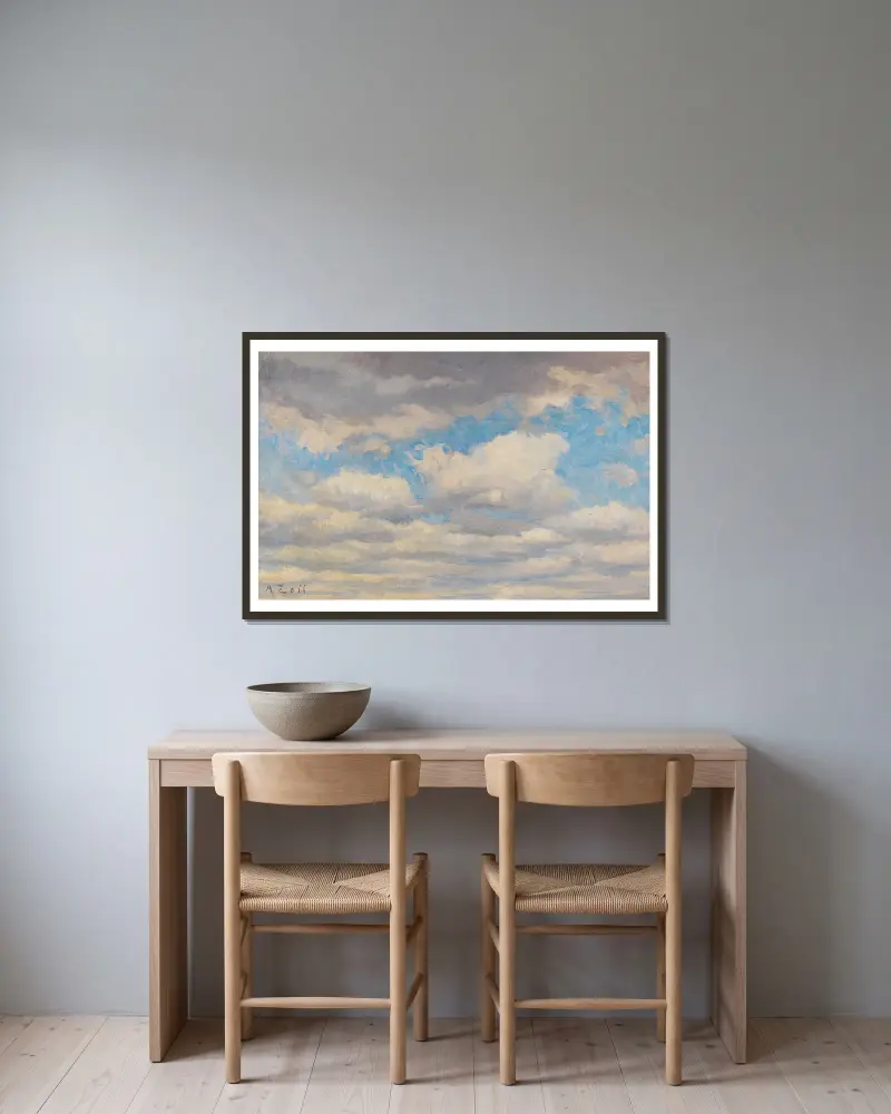 Wolkenstudie von Alfred Zoff gerahmt an einer Wand