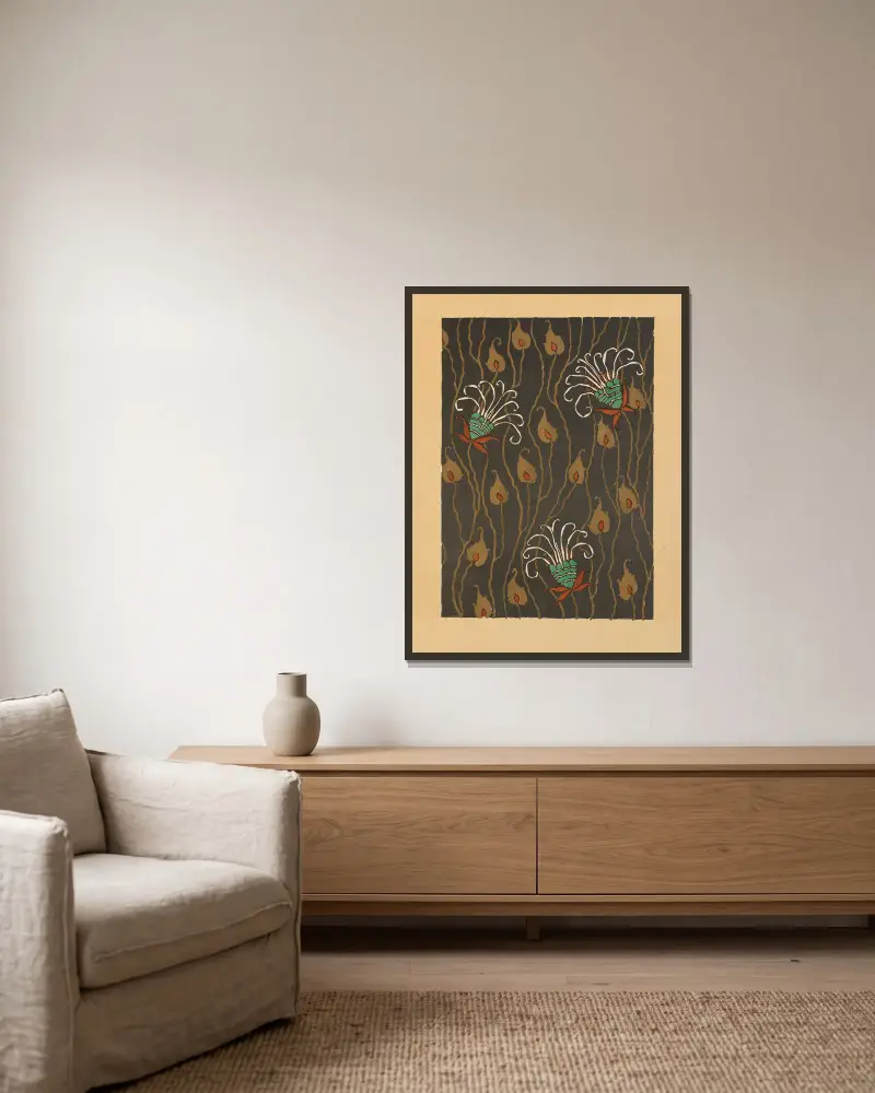 20 Farbkompositionen im orientalischen Stil, Tafel 09 von Emile-Allain Séguy gerahmt an einer Wand