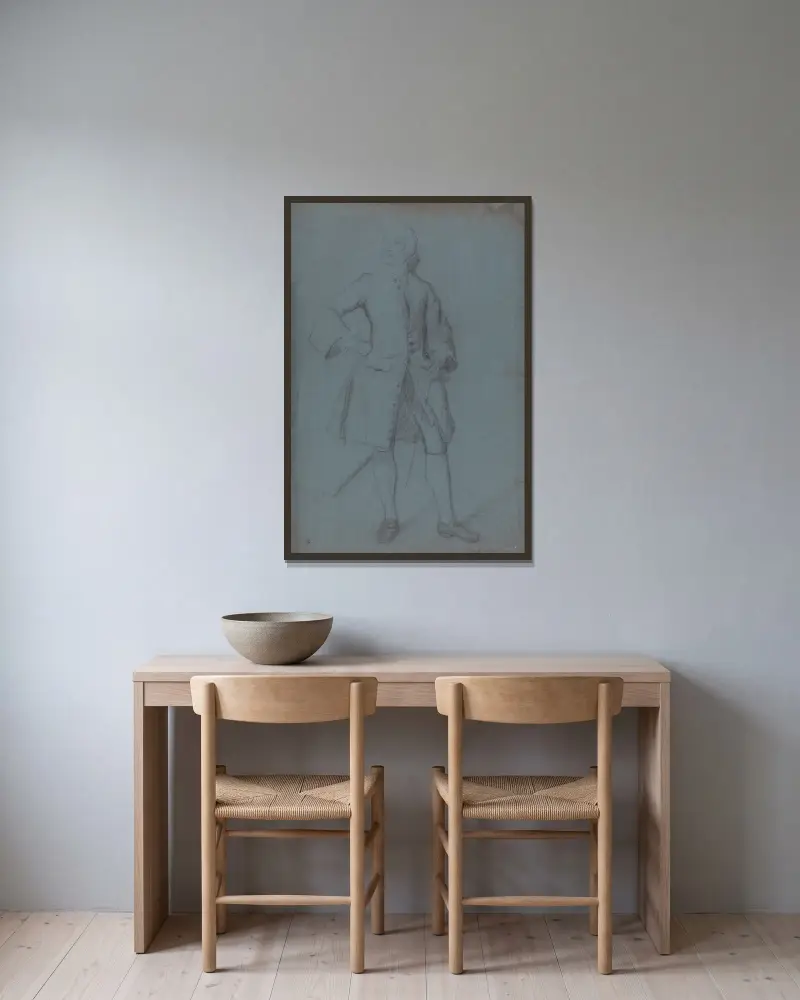 Stående man med stav i vänster hand, helfigur av Allan Ramsay inramad på en vägg