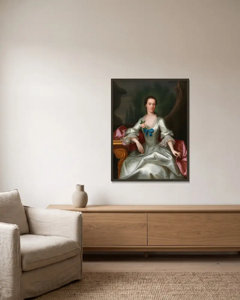 Porträtt av en dam i elegant klänning av Allan Ramsay inramad på en vägg