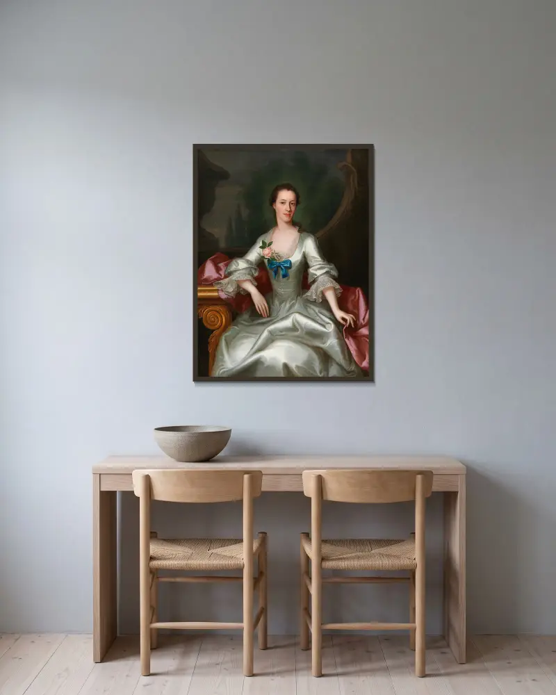 Porträtt av en dam i elegant klänning av Allan Ramsay inramad på en vägg