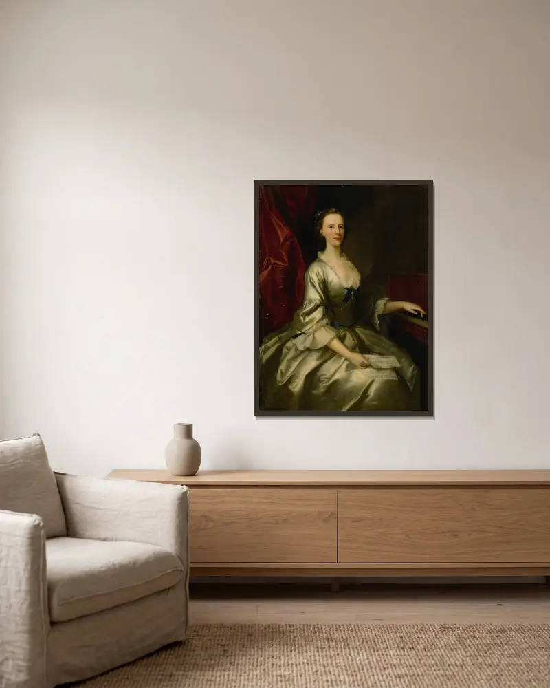 Porträtt av en dam, trekvartsfigur, sittande vid ett cembalo med ett notblad i handen av Allan Ramsay inramad på en vägg