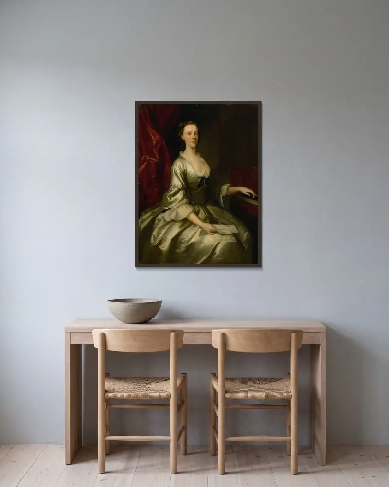Porträtt av en dam, trekvartsfigur, sittande vid ett cembalo med ett notblad i handen av Allan Ramsay inramad på en vägg