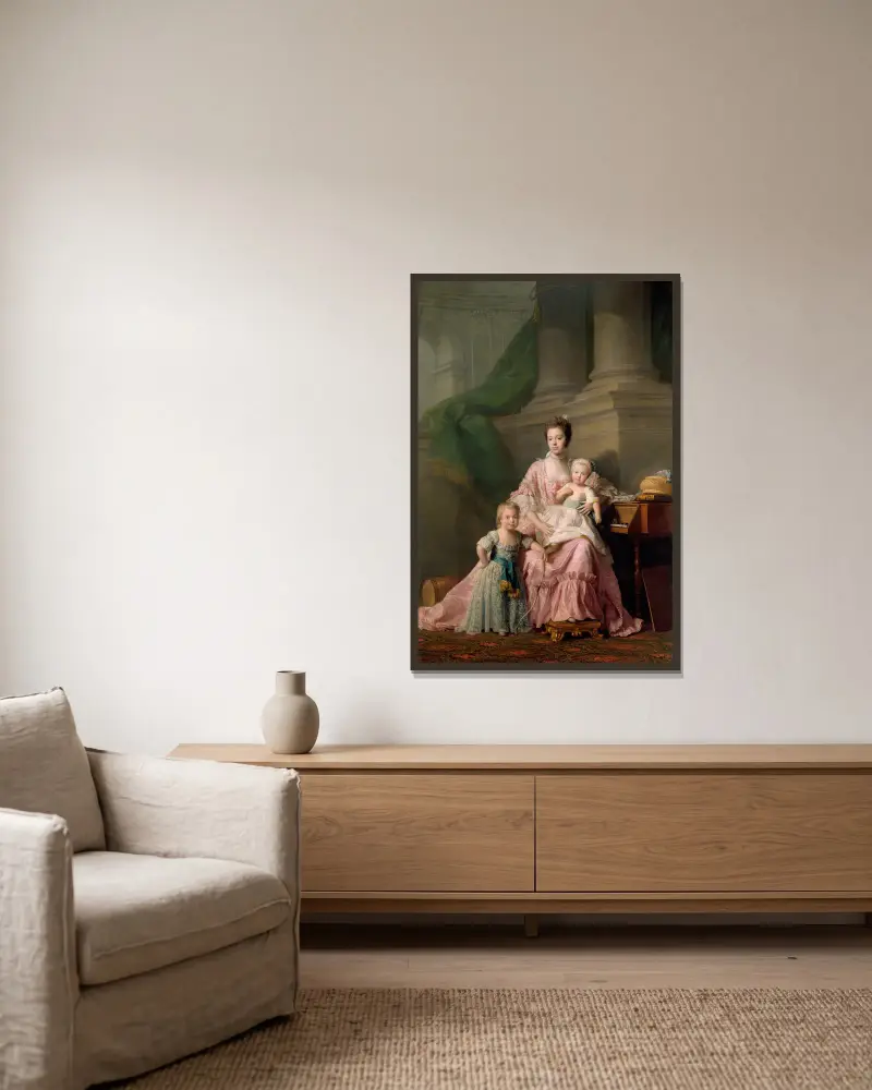 Královna Charlotte se dvěma nejstaršími syny, Allan Ramsay v rámu na stěně
