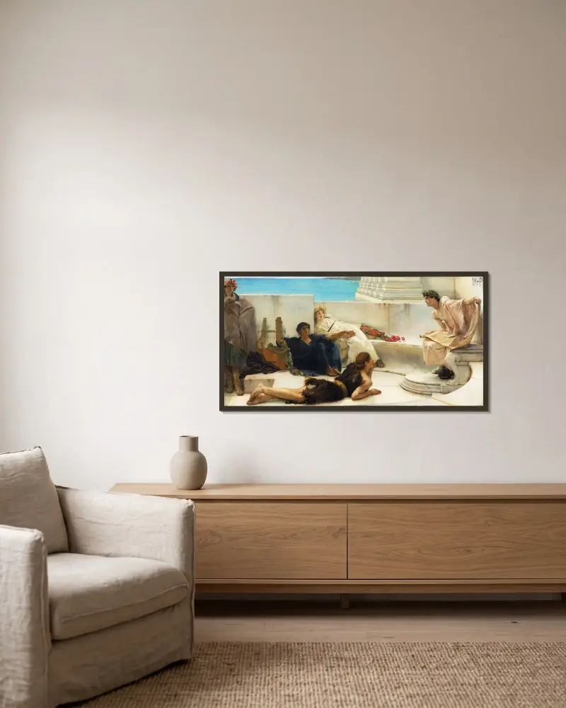 Eine Lesung aus Homer von Lawrence Alma-Tadema gerahmt an einer Wand