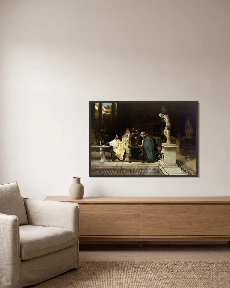 Ein Kunstliebhaber von Lawrence Alma-Tadema gerahmt an einer Wand