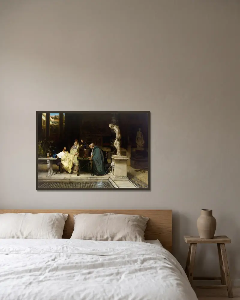 Ein Kunstliebhaber von Lawrence Alma-Tadema gerahmt an einer Wand