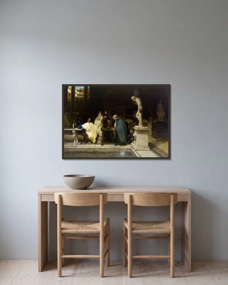 Ein Kunstliebhaber von Lawrence Alma-Tadema gerahmt an einer Wand
