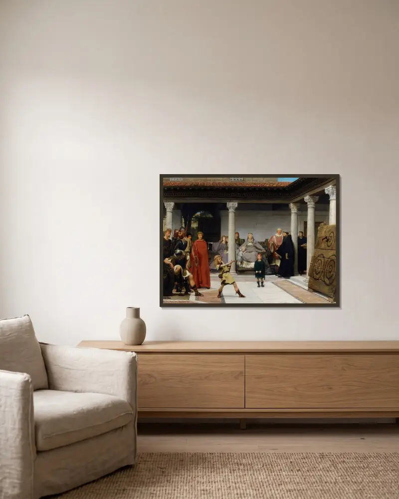 Die Erziehung der Kinder des Chlodwig von Lawrence Alma-Tadema gerahmt an einer Wand