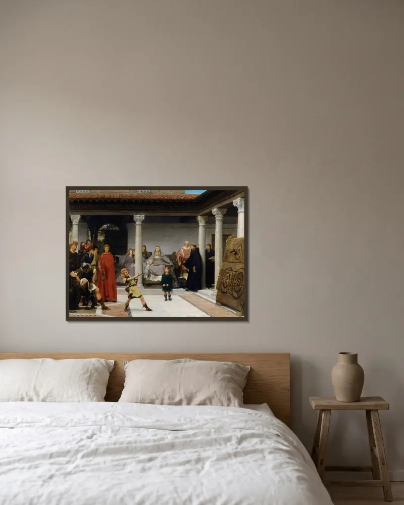 Die Erziehung der Kinder des Chlodwig von Lawrence Alma-Tadema gerahmt an einer Wand