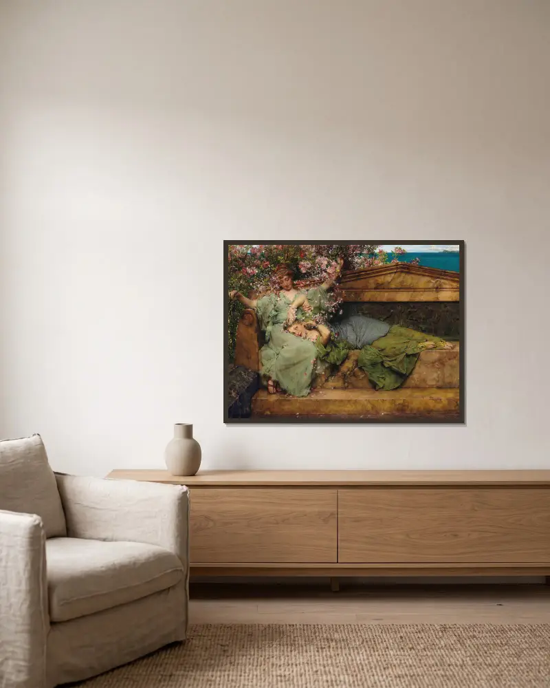 In A Rose Garden av Lawrence Alma-Tadema inramad på en vägg