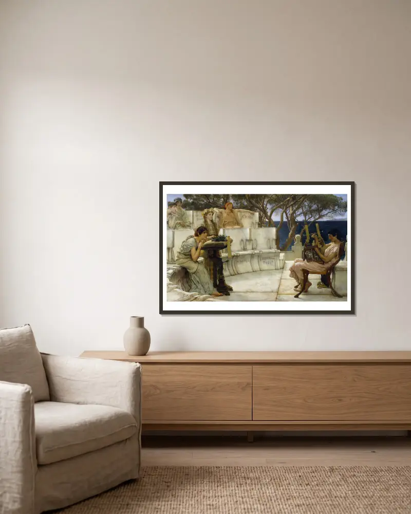 Sappho and Alcaeus av Lawrence Alma-Tadema inramad på en vägg