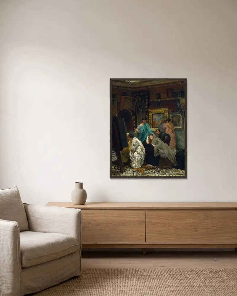 Konstsamlaren på Augustus tid av Lawrence Alma-Tadema inramad på en vägg