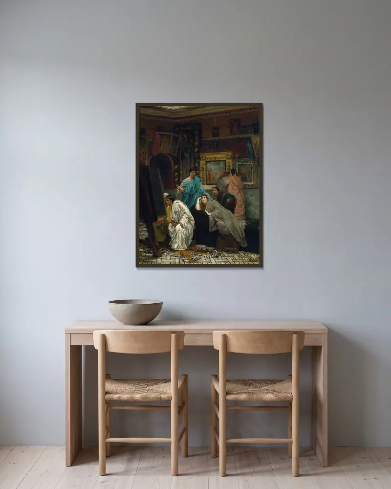Konstsamlaren på Augustus tid av Lawrence Alma-Tadema inramad på en vägg
