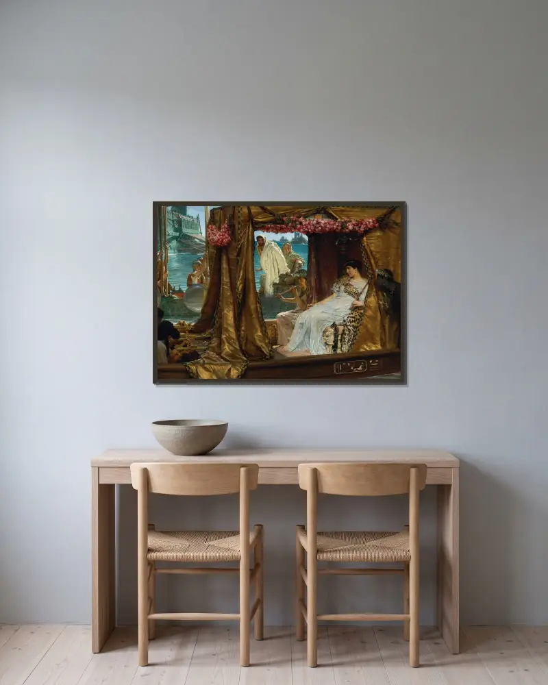 Mötet mellan Antonius och Kleopatra: 41 f.Kr. av Lawrence Alma-Tadema inramad på en vägg