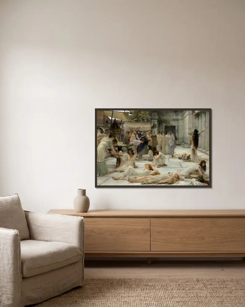 Kvinnorna i Amphissa av Lawrence Alma-Tadema inramad på en vägg