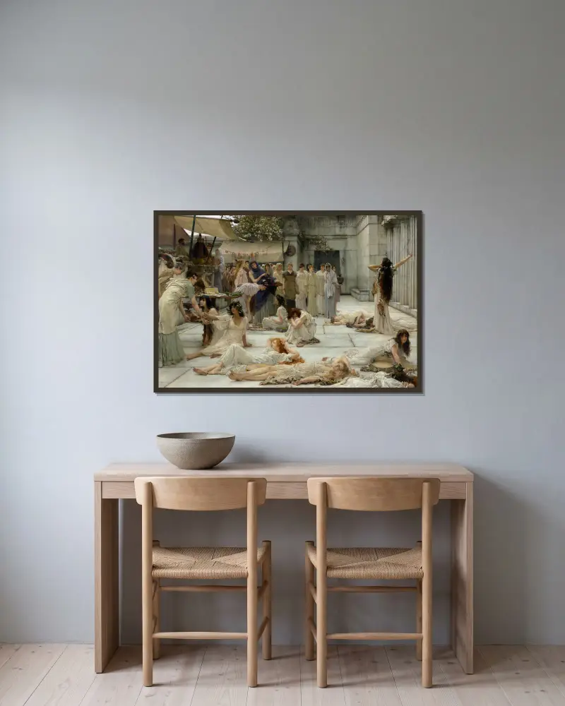 Kvinnorna i Amphissa av Lawrence Alma-Tadema inramad på en vägg