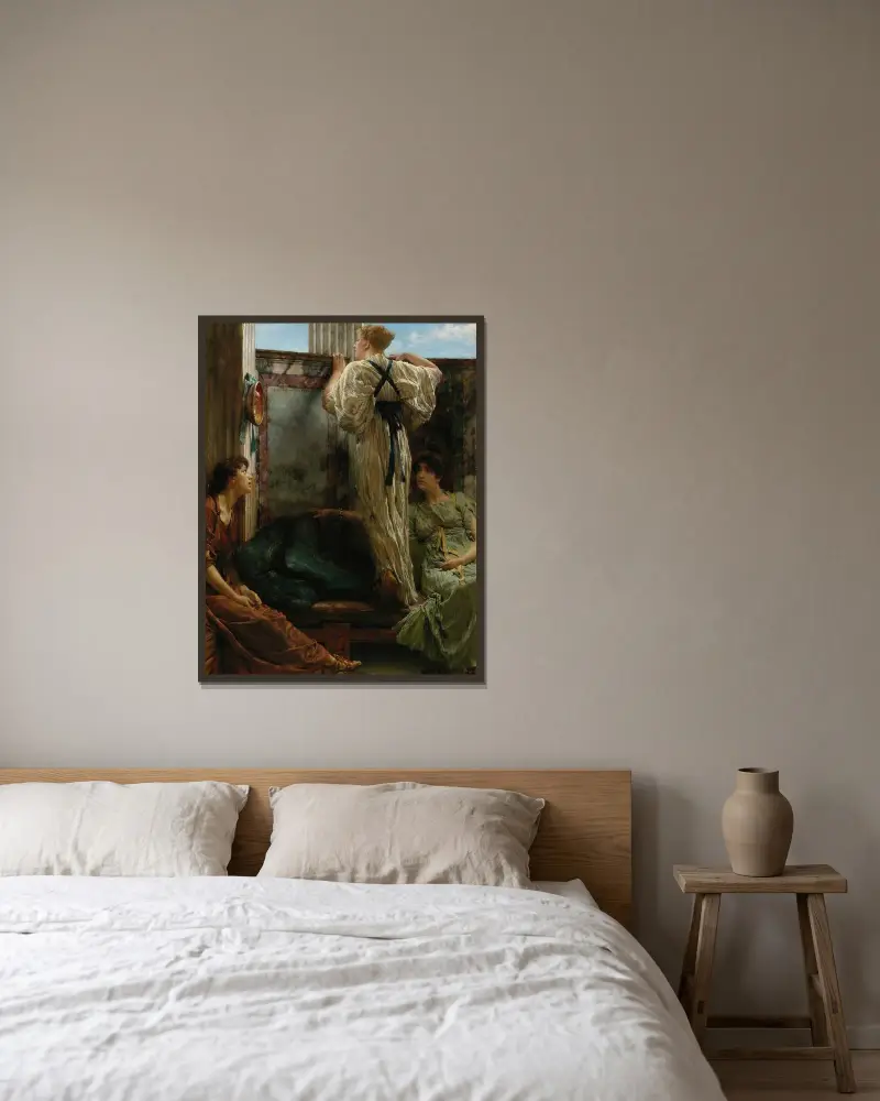 Wer ist es? von Lawrence Alma-Tadema gerahmt an einer Wand