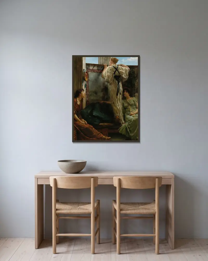 Wer ist es? von Lawrence Alma-Tadema gerahmt an einer Wand
