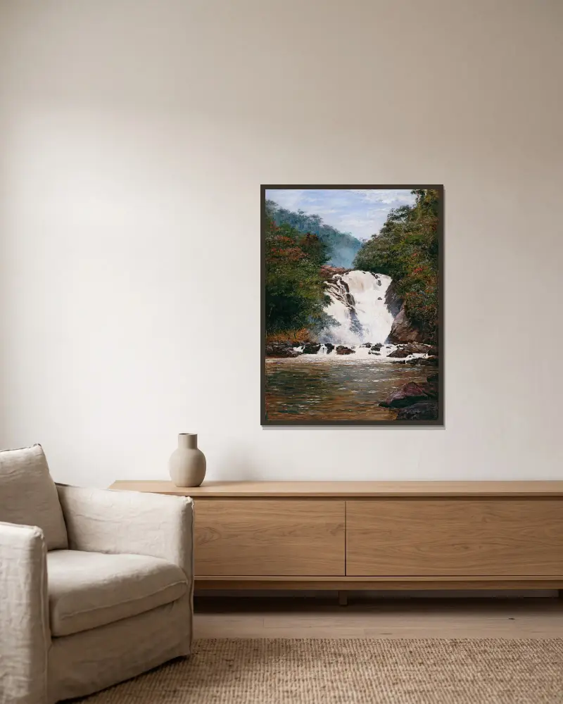 Votorantim Waterfall av Almeida Júnior inramad på en vägg
