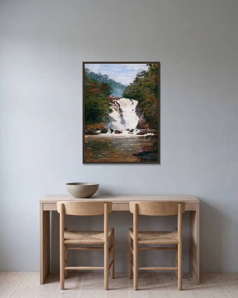 Votorantim Waterfall av Almeida Júnior inramad på en vägg
