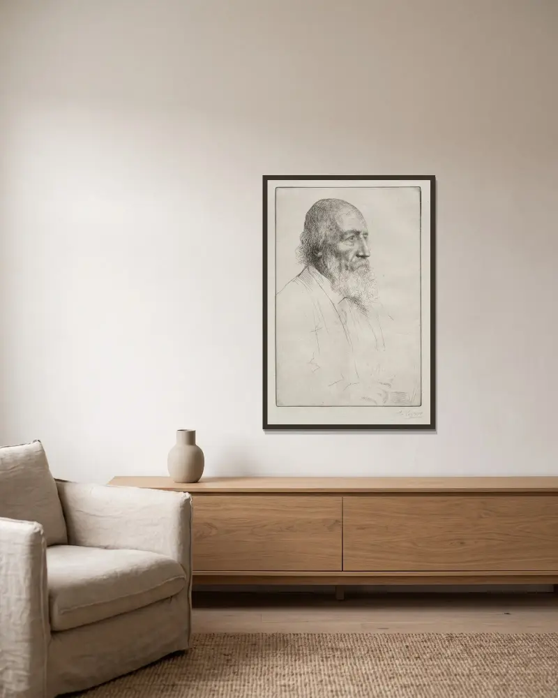 Alfred Lord Tennyson av Alphonse Legros inramad på en vägg