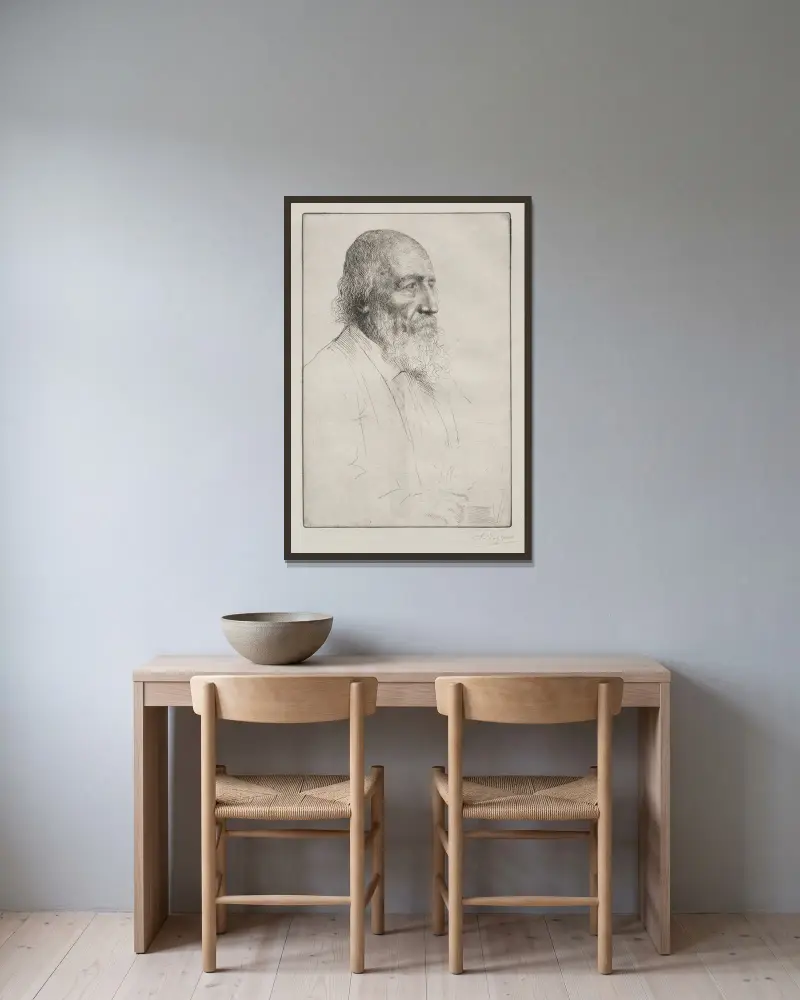 Alfred Lord Tennyson av Alphonse Legros inramad på en vägg