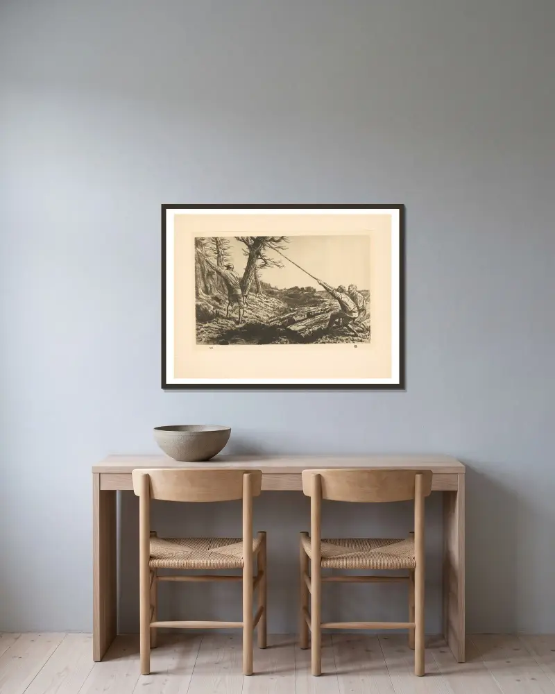 Les Bûcherons av Alphonse Legros inramad på en vägg