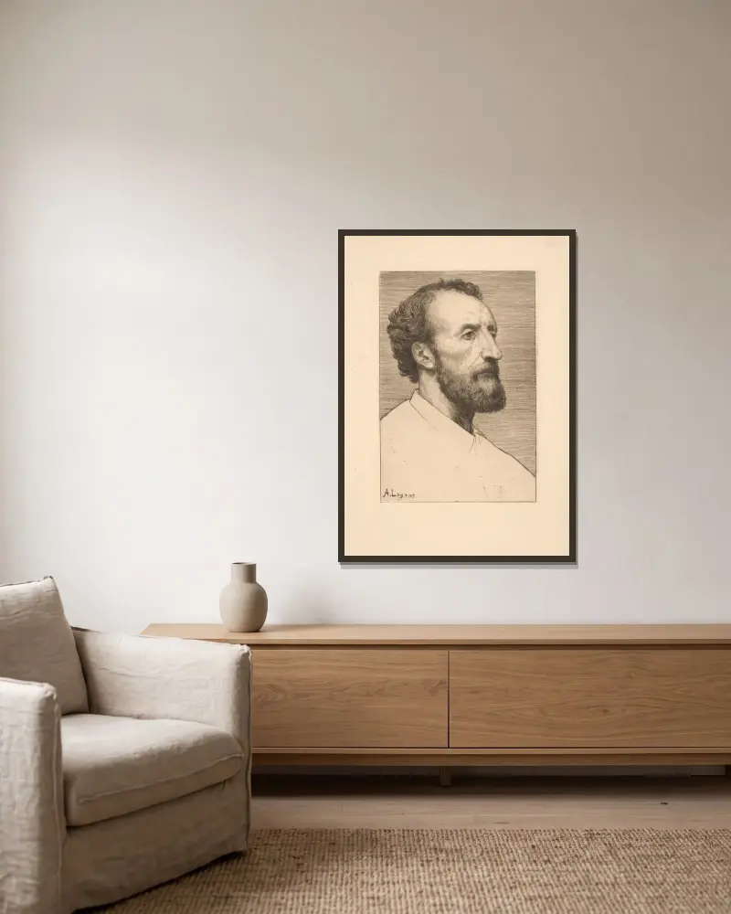 Porträtt av M. J. Delou av Alphonse Legros inramad på en vägg