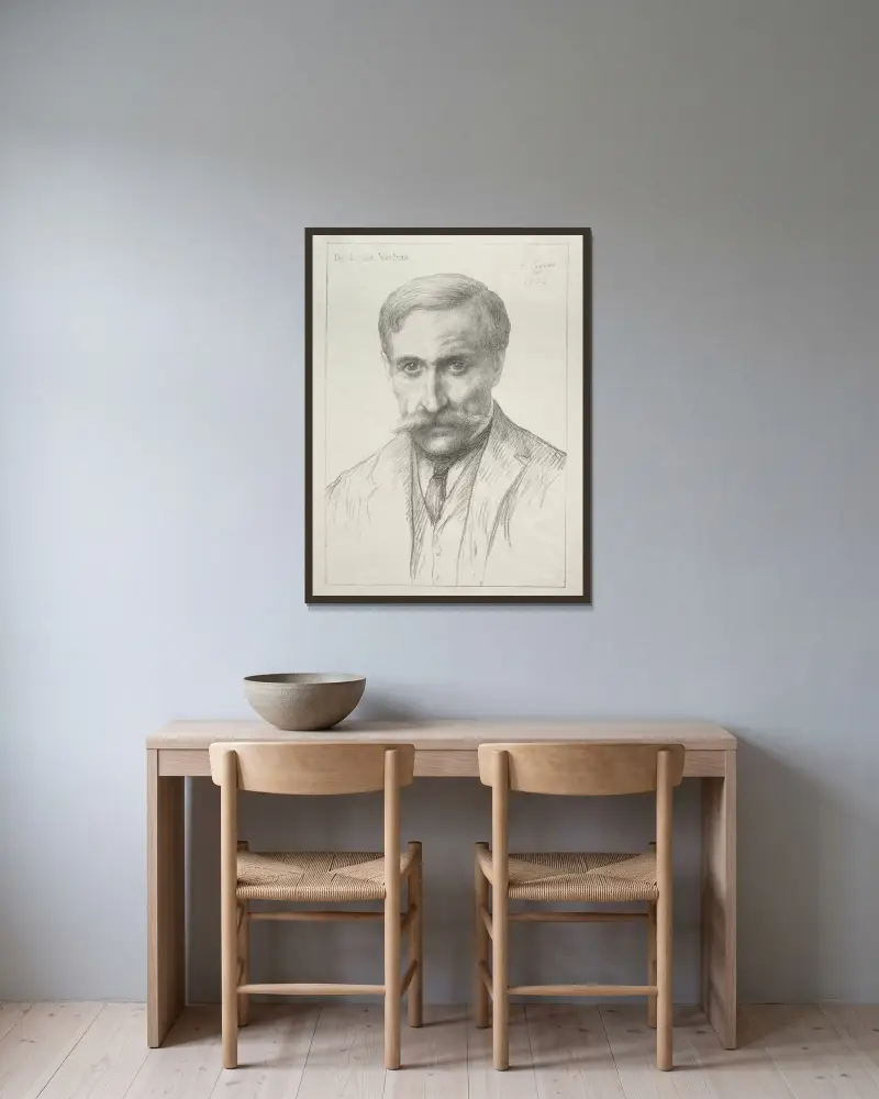 Porträtt av dr Louis Vintras av Alphonse Legros inramad på en vägg
