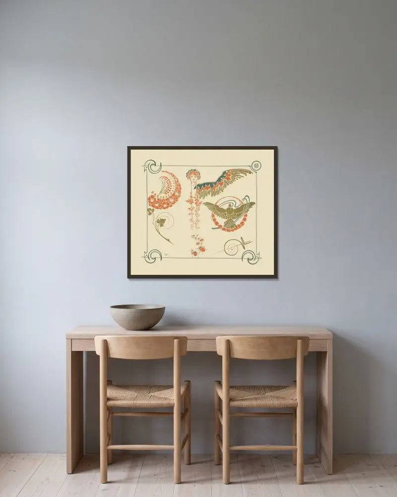 Abstract design based on flowers, angels, birds, beetles. av Alphonse Mucha inramad på en vägg