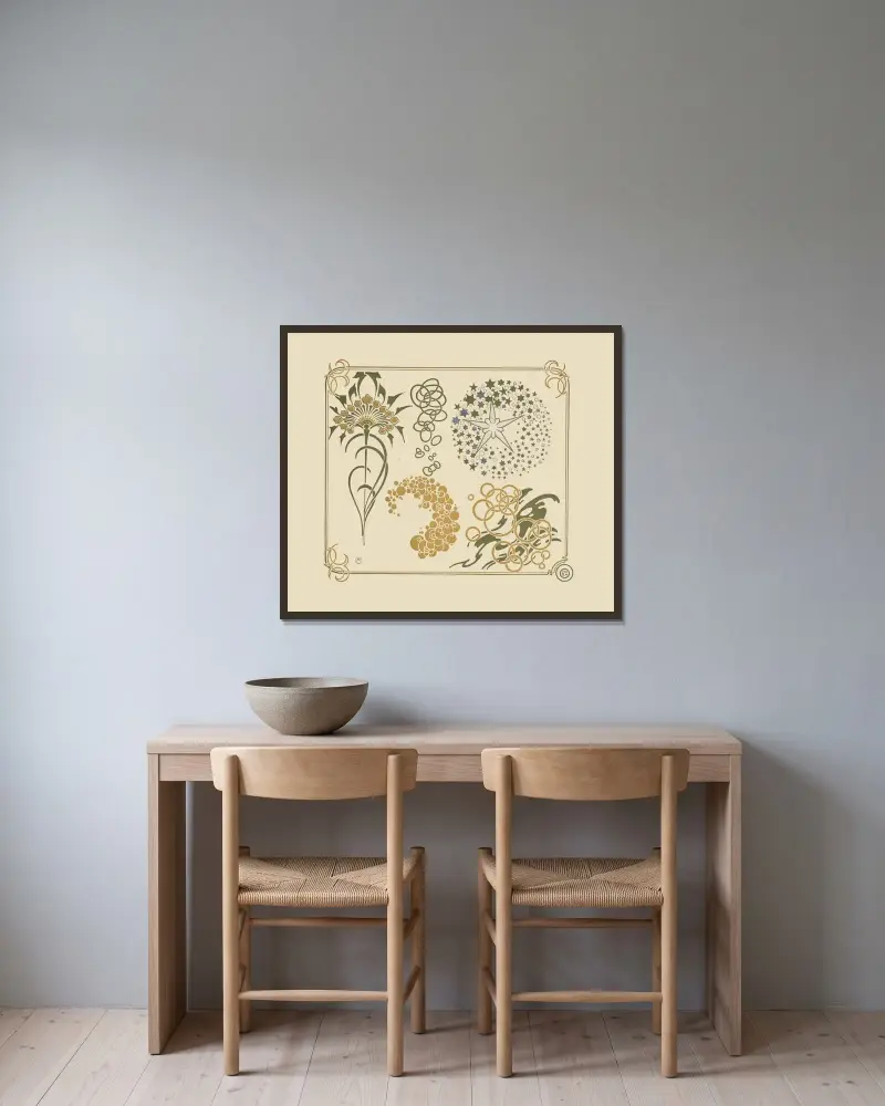 Abstraktes Muster mit Sternen, Kreisen und Blättern von Alphonse Mucha gerahmt an einer Wand