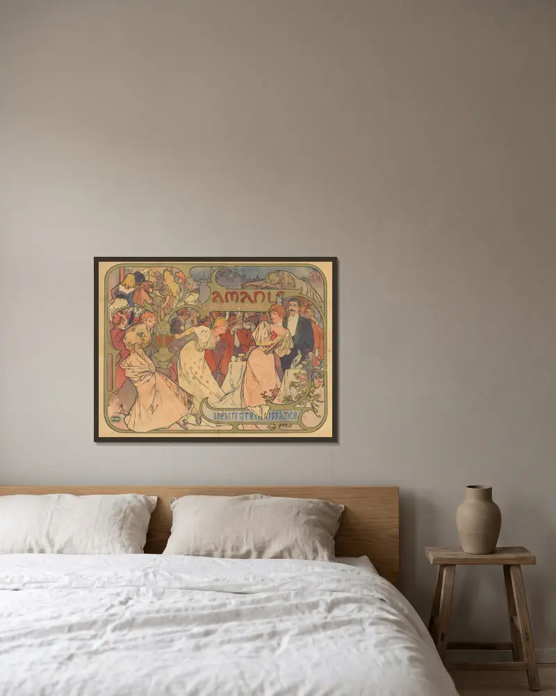 Amants, comédie de M. Donnay. Théatre de la Renaissance av Alphonse Mucha inramad på en vägg