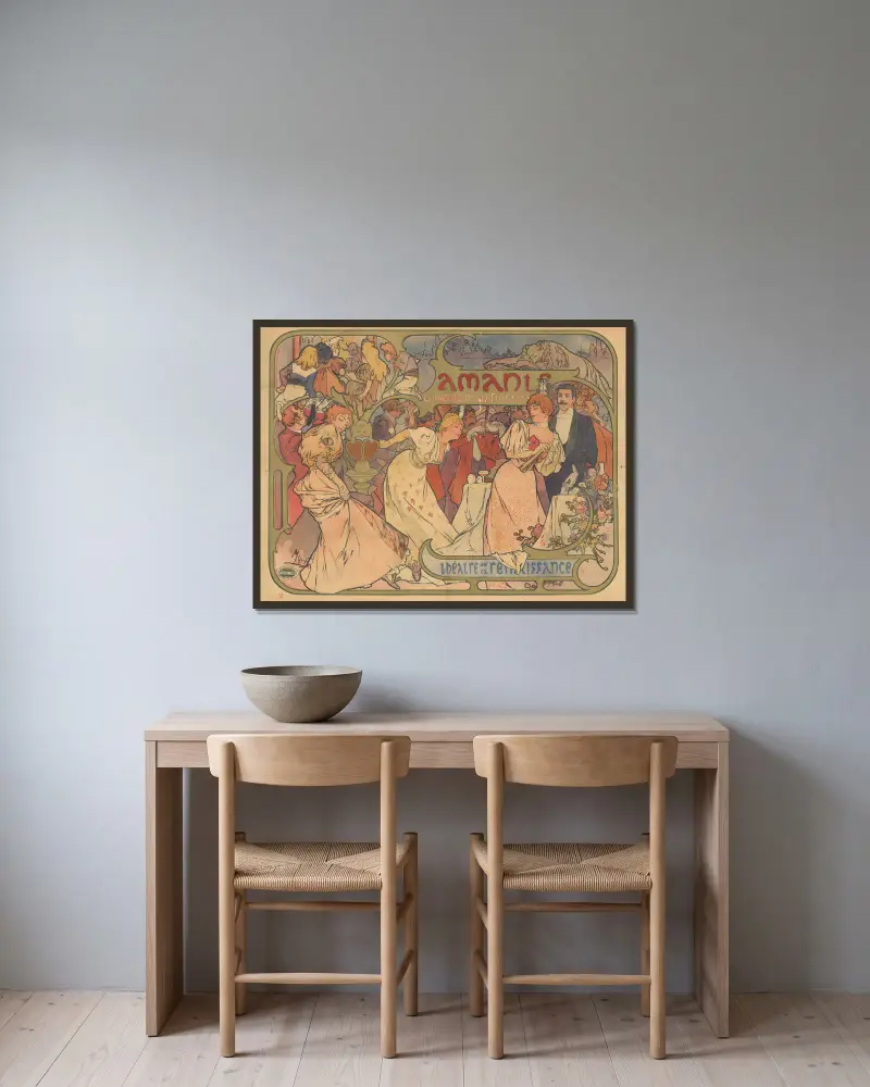 Amants, comédie de M. Donnay. Théatre de la Renaissance av Alphonse Mucha inramad på en vägg