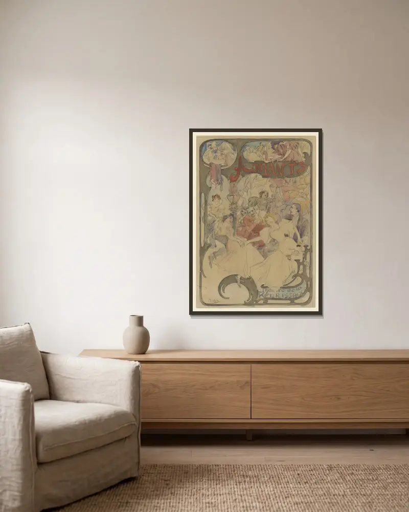 Amants maquette d’affiche hommes et femme entourant des musiciens av Alphonse Mucha inramad på en vägg
