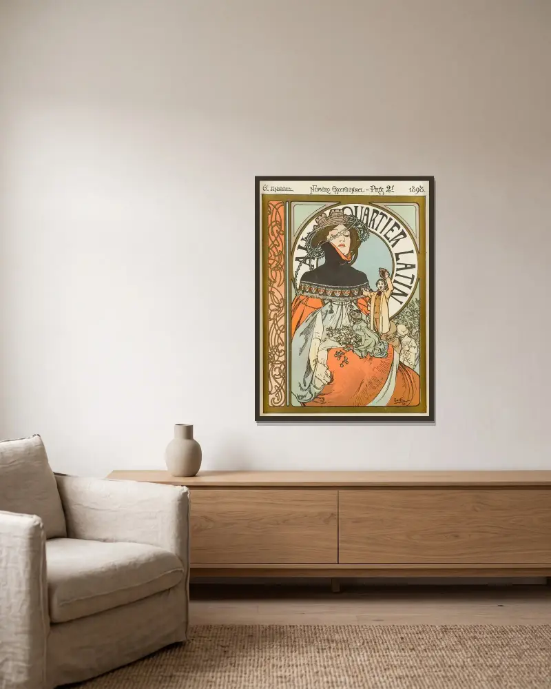 Au Quartier Latin – nr 1 av Alphonse Mucha inramad på en vägg