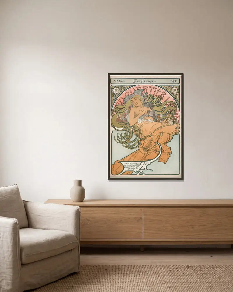 Au Quartier Latin, 1897 av Alphonse Mucha inramad på en vägg