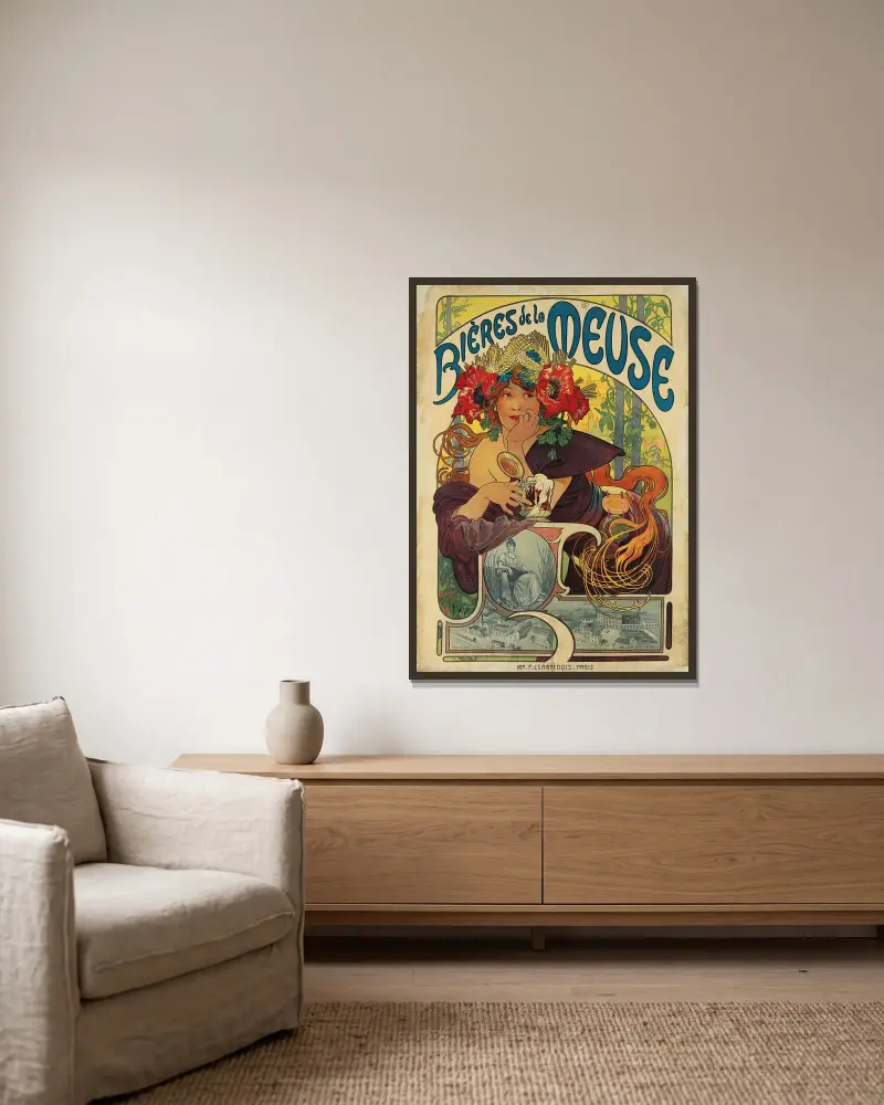 Meuse-Bier, 1897 von Alphonse Mucha gerahmt an einer Wand