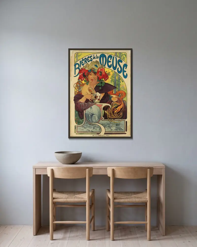 Meuse-Bier, 1897 von Alphonse Mucha gerahmt an einer Wand