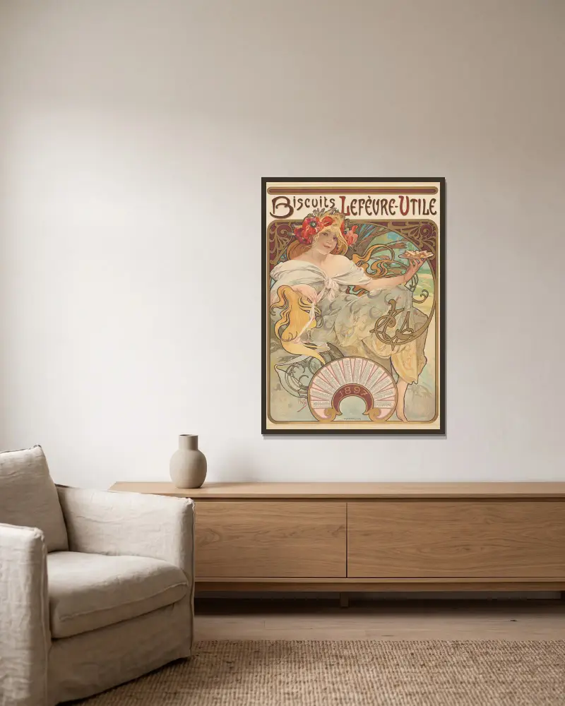 Biscuits Lefèvre-Utile von Alphonse Mucha gerahmt an einer Wand