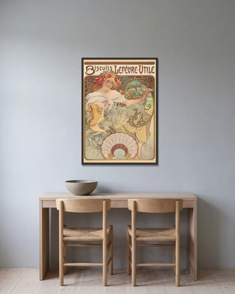Biscuits Lefèvre-Utile von Alphonse Mucha gerahmt an einer Wand