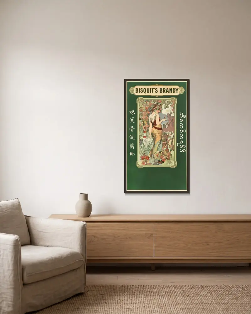 Bisquit’s Brandy Lithographic Poster In Colours av Alphonse Mucha inramad på en vägg