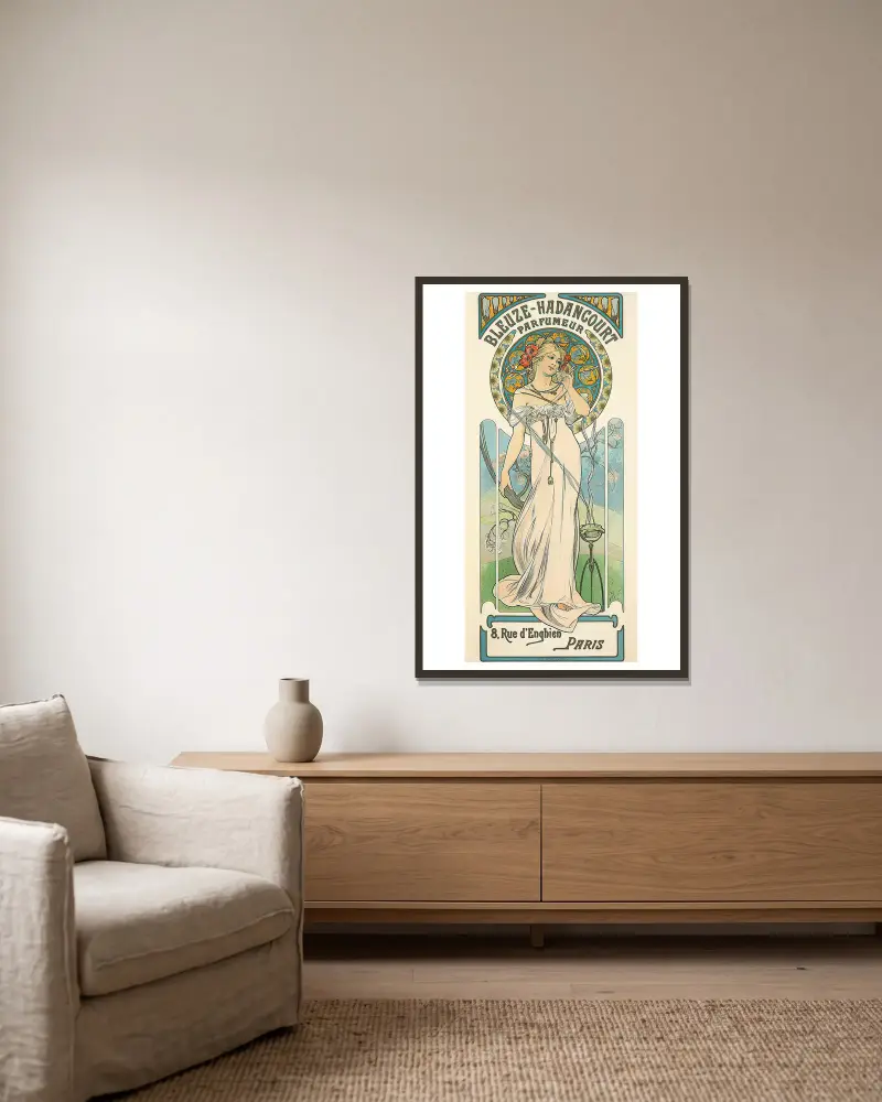 Bleuze-Hadancourt Parfumeur av Alphonse Mucha inramad på en vägg