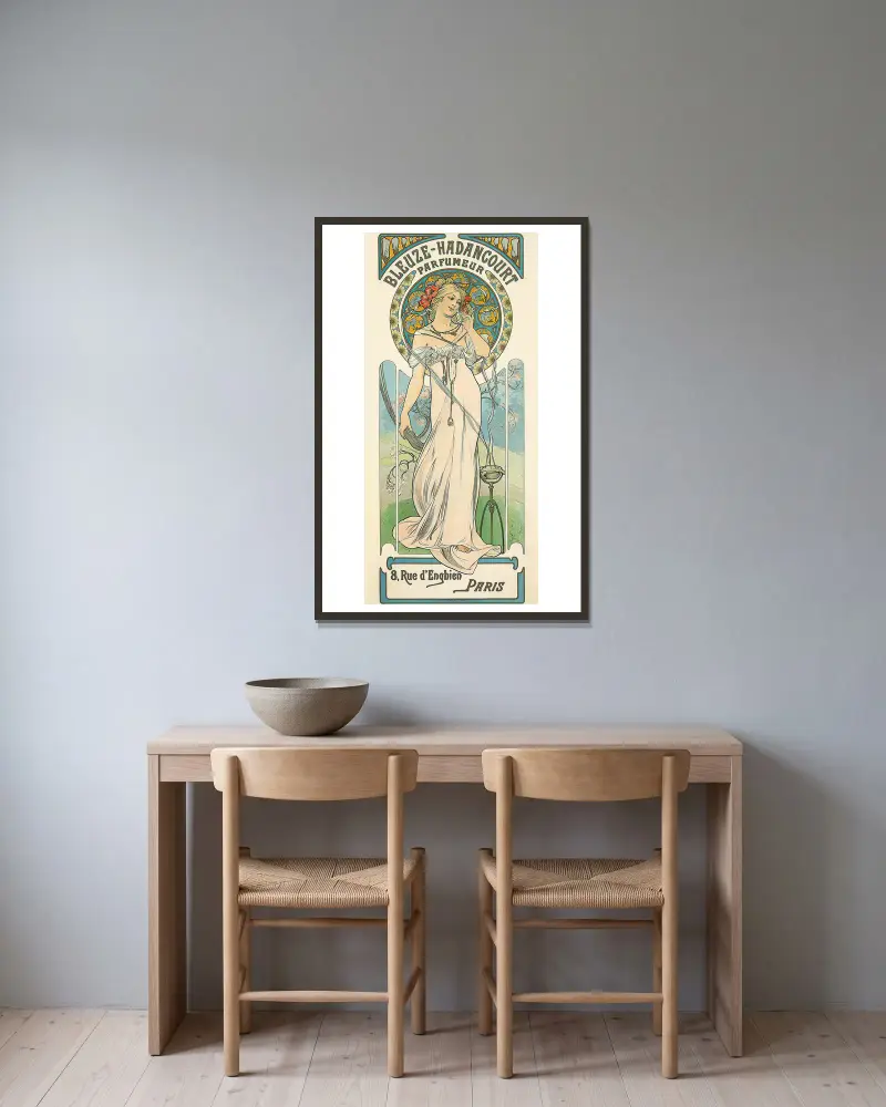 Bleuze-Hadancourt Parfumeur av Alphonse Mucha inramad på en vägg