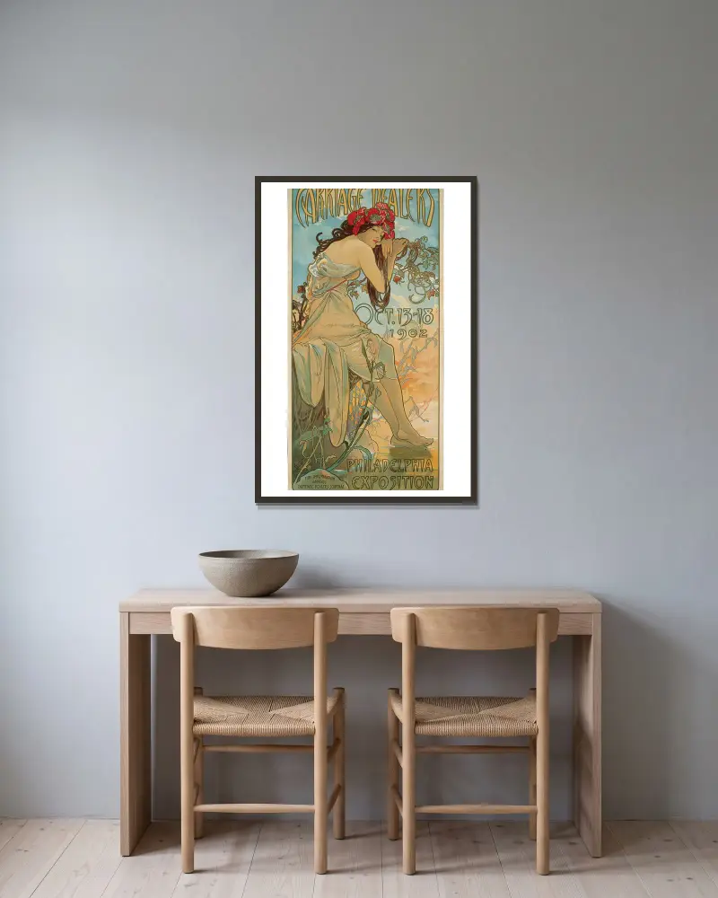 Carriage Dealers av Alphonse Mucha inramad på en vägg