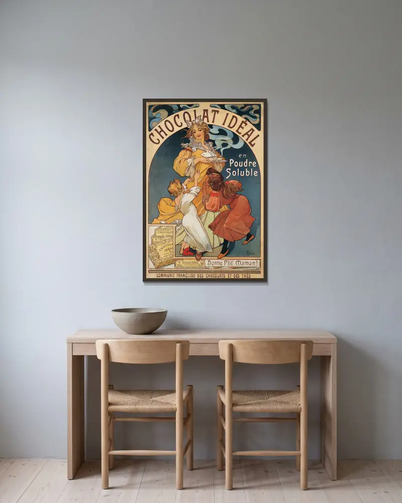 Chocolat Idéal av Alphonse Mucha inramad på en vägg