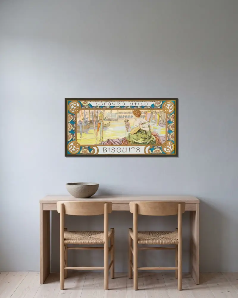 Projekt puszki na ciastka Lefèvre-Utile, Alphonse Mucha w ramie na ścianie