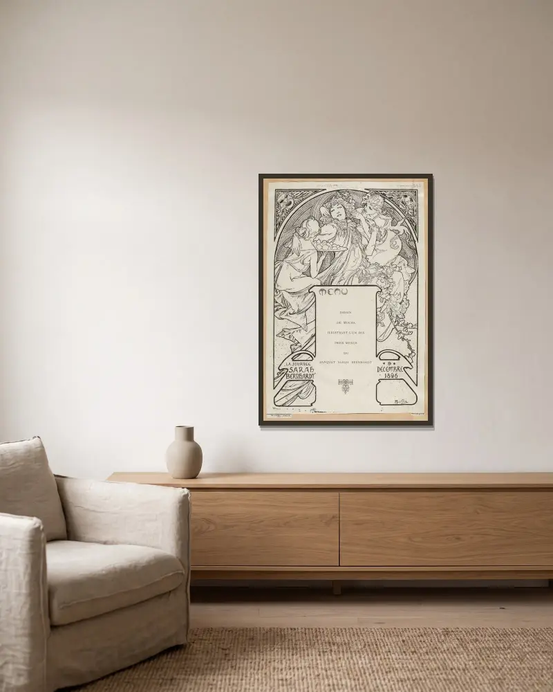 Teckning av Mucha till en av de tre menyerna för Sarah Bernhardts bankett av Alphonse Mucha inramad på en vägg