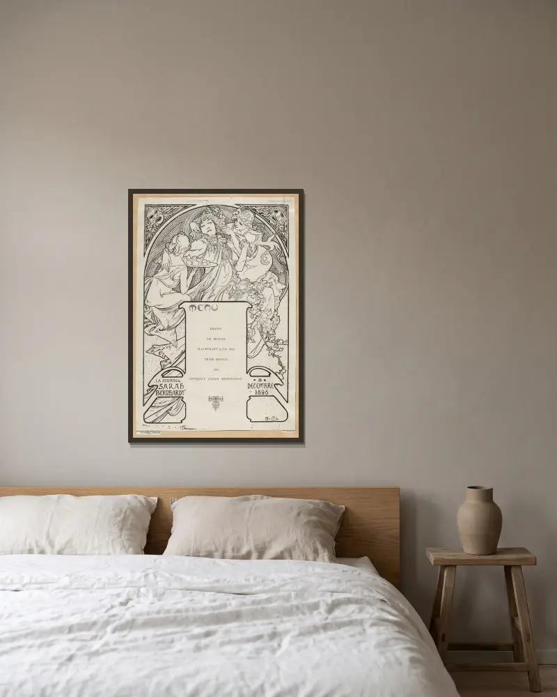 Teckning av Mucha till en av de tre menyerna för Sarah Bernhardts bankett av Alphonse Mucha inramad på en vägg